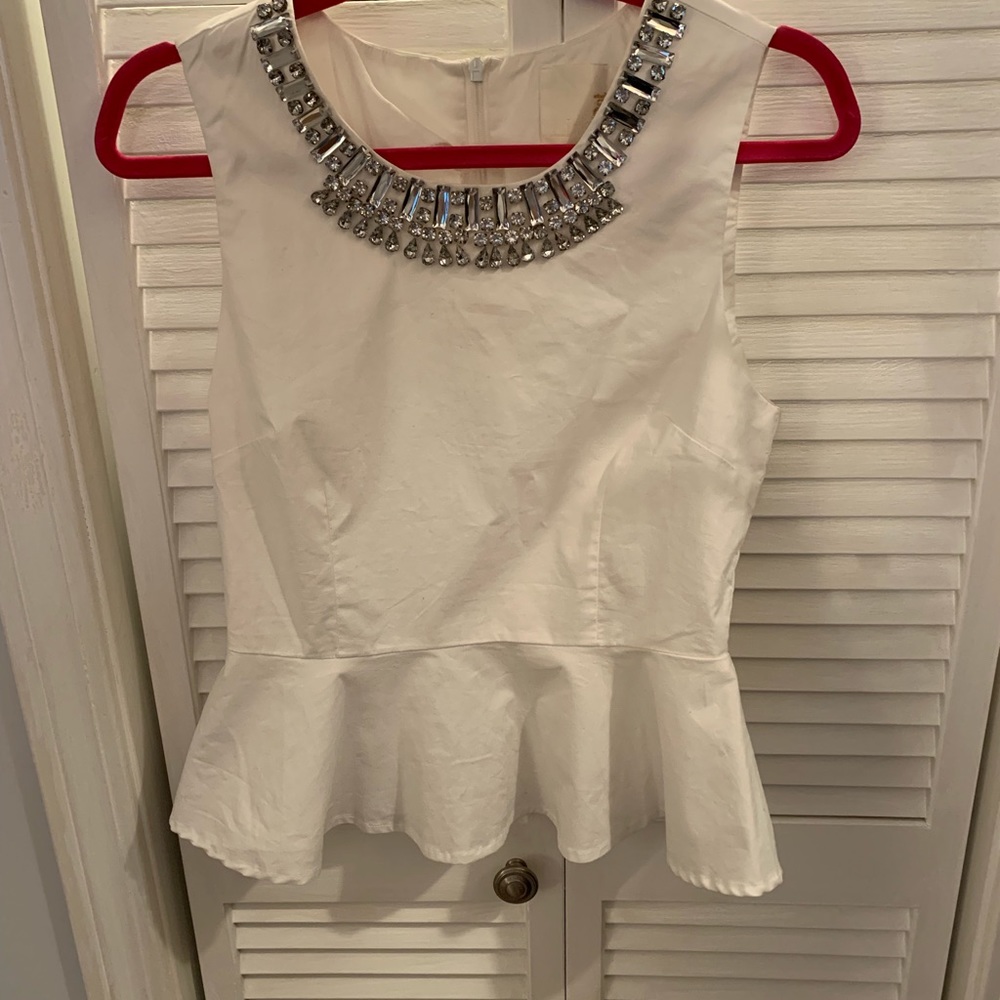 Line and Dot peplum top jeweled neckline